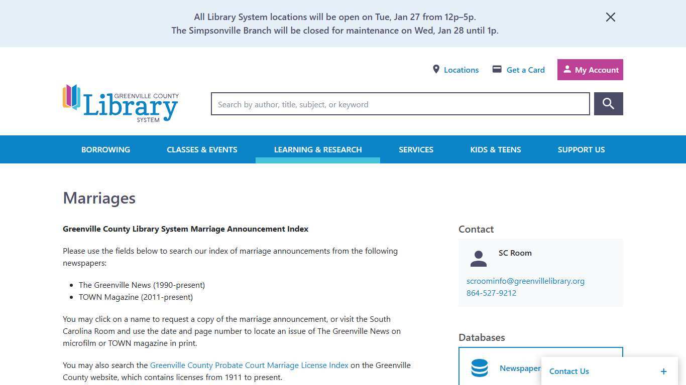 Marriages Greenville (SC) County Library System